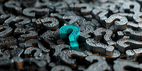 Aufkleber - Teal question mark stands out among numerous dark gray textured question marks, symbolizing unique solution, finding answers, problem-solving, or standing out from the crowd
