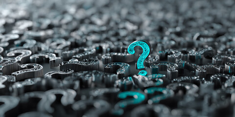 Poster - Teal question mark stands out among many gray question marks, symbolizing unique solution or finding answers, perfect for problem-solving or brainstorming concepts
