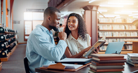 Aufkleber - College, reading and students in library for studying, online research and information for project. University, academy and man and woman with books on laptop for education, knowledge and learning