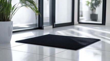 Poster - Black doormat on a shiny white tile floor near glass doors and a plant.