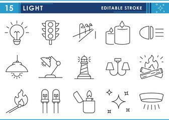 Poster - A set of line icons related to Light. Bulb, traffic, lamp, candles, lighter, match, and so on. Vector editable stroke.