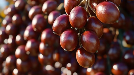 Close-up of clusters of dark red, oval fruits hanging from a tree branch