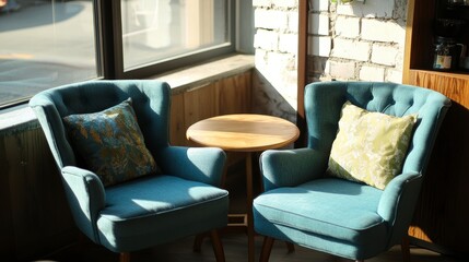 Poster - Two teal armchairs with pillows face each other around a small wooden table by a window in a sunlit room.
