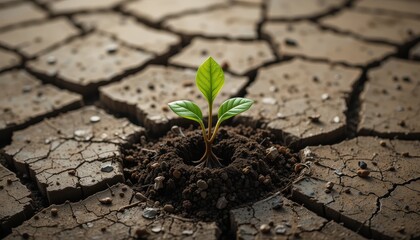 a small green plant is sprouting from a patch of fertile dirt surrounded by parched earth