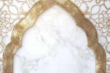 Poster - Golden archway and floral design on white marble background elegant and festive