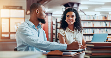 Poster - University, talking and students in library on laptop for online research, information and studying for project. College, academy and man and woman with books for education, knowledge and learning