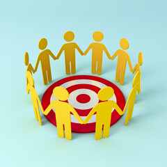 Poster - Group of yellow people holding hands forming circle around red goal target dartboard on light green blue mint pastel color background creative idea business concepts 3D rendering