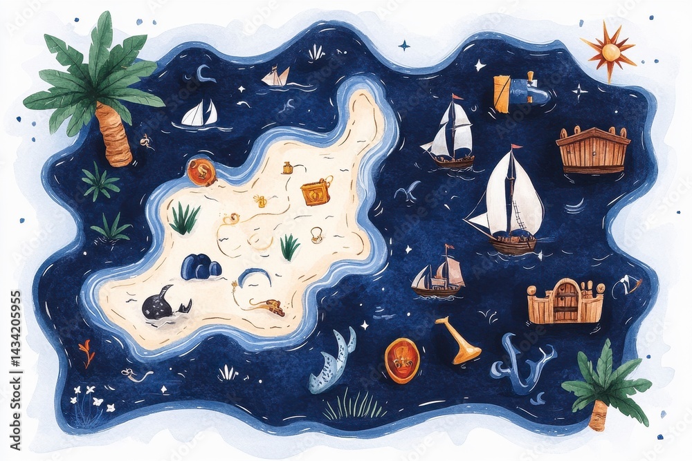 Whimsical illustration of a treasure island map, featuring sailing ...