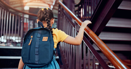 Poster - Walking, stairs and child in library for education, story literature and learning at school. Academy, young student and girl with backpack for knowledge, back and language development for growth