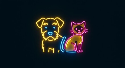 Poster - “A cute glowing neon icon of a dog and cat side-by-side, with vibrant outlines in yellow, blue, and pink on a dark background
