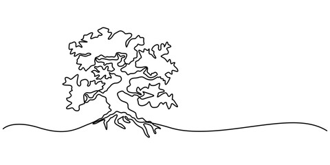 Fototapete - Continuous one line drawing of tree on white background. Vector illustration, Tree in continuous line art drawing style. Giant and powerful tree black linear design isolated. Christmas tree one.