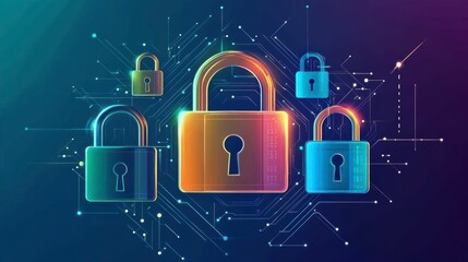 Poster - Colorful digital locks on a circuit board background, representing cybersecurity and data protection.