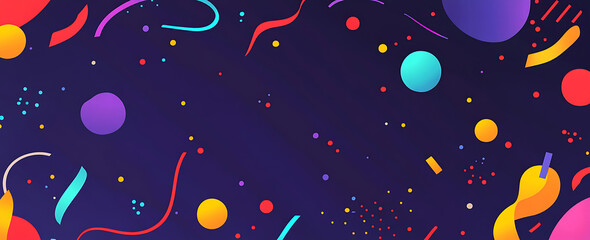 Poster - Dark purple background with colorful confetti and ribbons, a flat vector illustration.