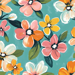 Poster - Define a vibrant and colorful pattern featuring flowers in various shades of pink, orange, yellow, green, teal, and white on an aqua blue background. 