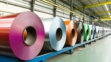 row of colorful coated steel coils in a factory, showing different finishes for industrial and construction applications. painted steel coils, colored metal, industrial coating, factory production,