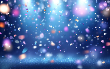 Poster - Ecommerce commercial background, bright lights and confetti on dark blue gradient stage with bokeh effect.
