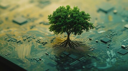 Poster - Lush green tree growing from a circuit board, symbolizing technological advancement and environmental sustainability.