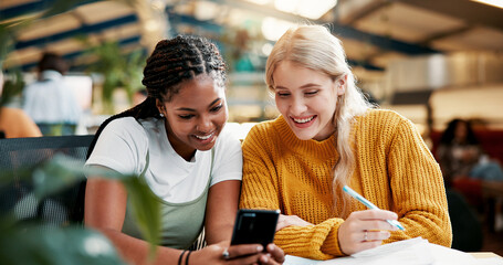 Fototapete - Smile, people and students with phone in library for social media, university gossip and good news. Happy, friends and mobile for reading information, education agenda and learning website at college