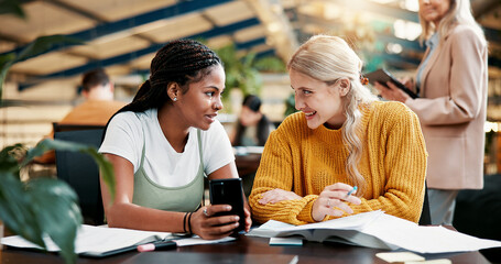 Poster - Happy, people and friends with phone in library for social media, university gossip and good news. Students, talking and mobile for education schedule, learning website and online rumor for knowledge