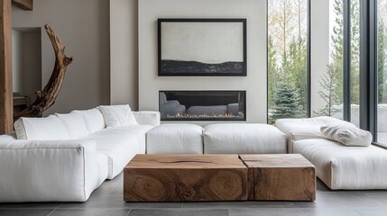 Poster - Modern living room with white sectional sofa, wooden coffee table, fireplace, and large window.