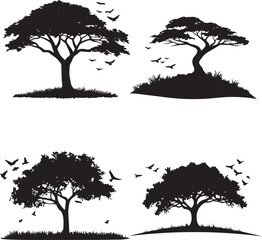 tree with birds flying around silhouette vector