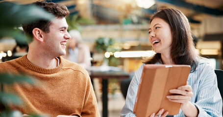 Aufkleber - Happy, man and woman with tablet, university and studying with info on website, knowledge and laughing. Online, students and people with tech for assignment, learning and funny joke for friends