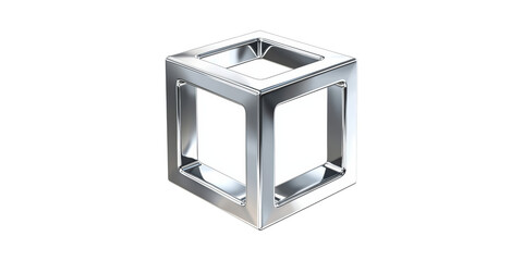 Poster - Geometric Silver Cube With Hollow Design. Modern Minimalist Metal Structure Isolated On Transparent Background