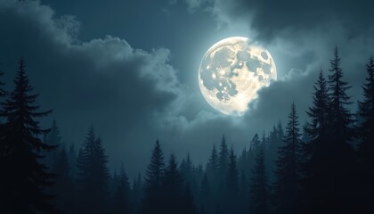 Wall Mural - Glowing full moon partially obscured by dark swirling clouds. Trees silhouetted against moonlight. Scenic night sky, outdoor view. Nature scene, peaceful, calming atmosphere.