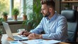 © Vadym - Bearded man works from home office on laptop. Online meeting video call in modern workspace, plants near window. Businessman uses computer, drinks coffee. Remote work, business concept.