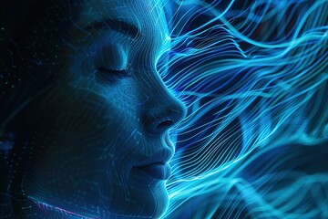 Poster - Abstract digital face with flowing lines representing connectivity and artificial intelligence