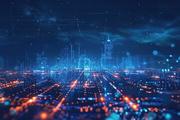 Poster - Digital Cityscape: A futuristic urban network visualized with glowing data streams