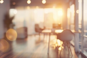 Poster - Bright blurred office space with a chair and desk bathed in warm sunlight