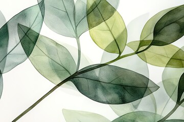 Poster - Translucent green leaves overlap in a calming watercolor botanical illustration