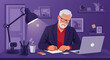© Matthew - A kind, older gentleman with white hair and glasses intently writing at his desk, illuminated by a warm lamp, with a laptop and coffee nearby in his cozy purple office.