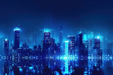 Poster - Futuristic Cityscape: Glowing Neon Skyline Reflecting on Water Advanced Technology