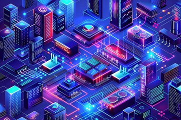 Poster - Isometric technology landscape with neon lines depicting data network connections