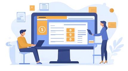 Fototapete - Digital Collaboration: Two individuals engage in a digital collaboration. One seated, the other standing, interacting with a large computer screen