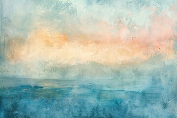 Poster - Abstract ocean art with blue water and orange horizon in textured painting style