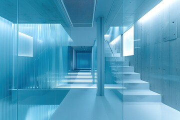 Poster - Minimalist aqua interior with bright illumination & architectural stair design