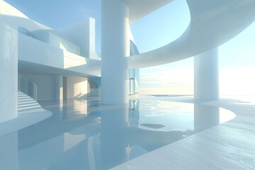 Poster - Futuristic white architecture with reflections and a serene modern design aesthetic