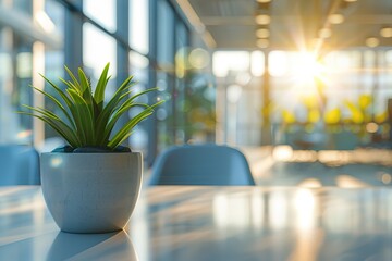 Poster - Potted plant sits on a white table light streams through an office window