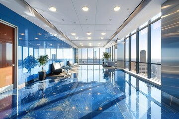 Poster - Modern office interior with city views and reflective blue flooring