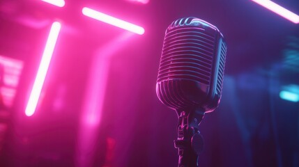 Poster - Retro microphone on stage with vibrant neon lights.