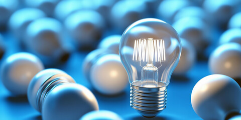 Poster - Glowing light bulb surrounded by unlit bulbs on blue background Generative AI