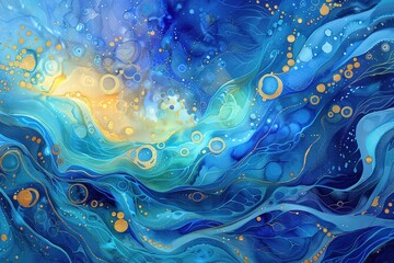 Poster - Abstract ocean scene with blue hues and golden accents and light and shadow