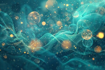 Poster - Abstract teal background with light orbs and flowing lines sparkling lights design