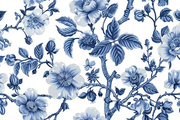 Poster - Elegant floral pattern with blue blossoms leaves and a butterfly on a white backdrop