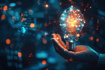 Poster - Connected Idea: Lightbulb held in hand with a digital network illuminating it