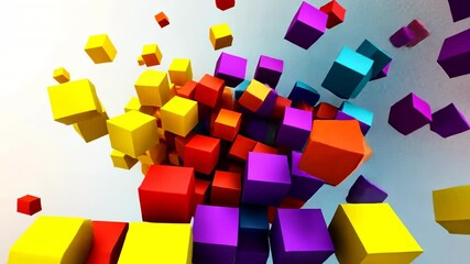 Abstract colorful cubes floating in dynamic arrangement on white background