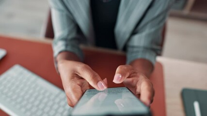 Poster - Person, hands and typing with phone screen above for communication, message or chat at office desk. Top view, employee or user with mobile smartphone display for texting, online app or social media